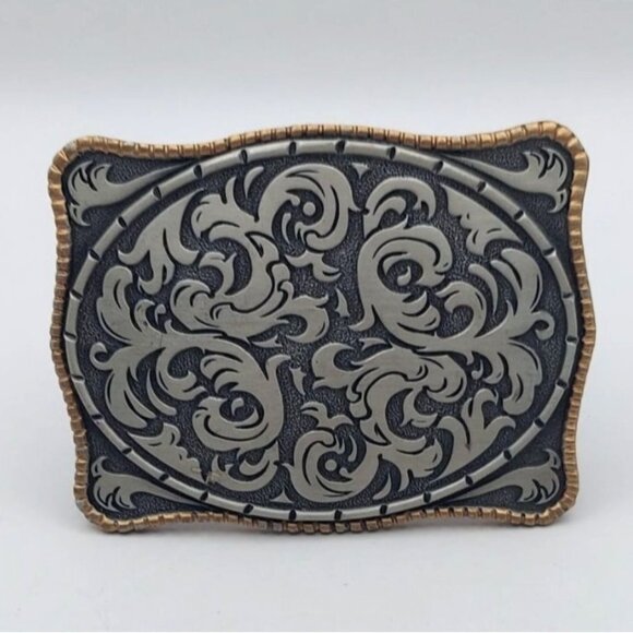 Western Two-Tone Belt Buckle Rodeo Bull Riding Storming Silver Marlboro Textured - Picture 1 of 6